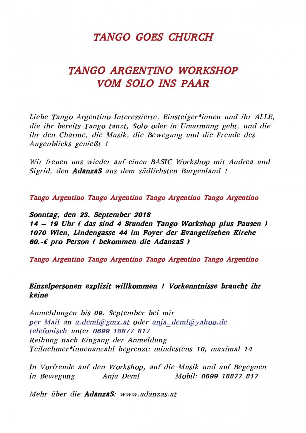 Herzliche Einladung zum Tango-Workshop am 23.9. von 14-19 Uhr, 60 Euro, Auferstehungskirche, Lindengasse 44a